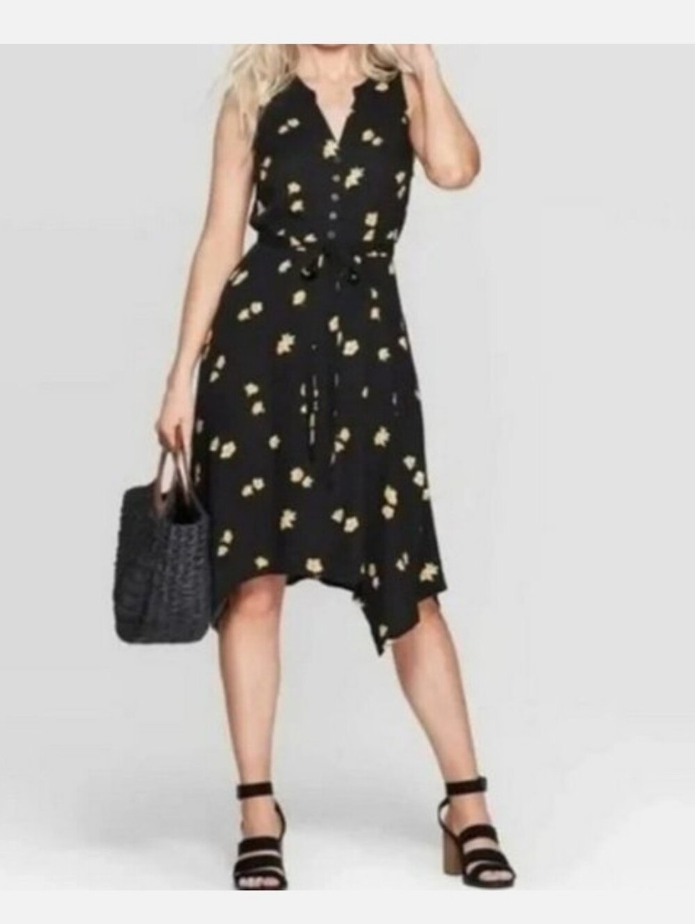 Knox Rose Target Black Floral Handkerchief Hem Midi Feminine Boho Dress XL Rayon